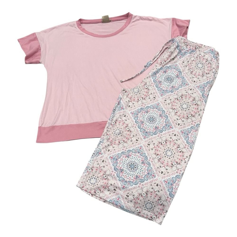 Ink+Ivy Pajama Set Size XL Short Sleeve Capri Set Pink Patchwork Granny Core